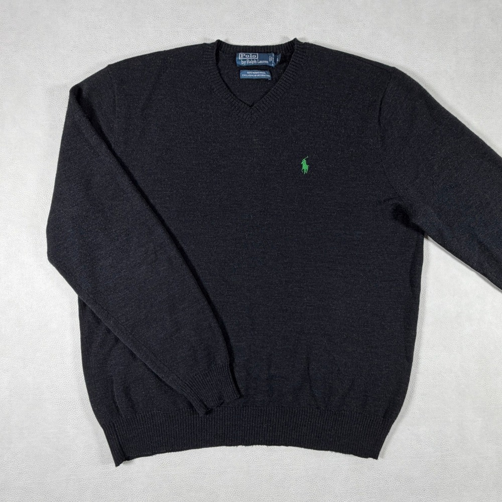 Polo Ralph Lauren V-Neck Sweater Large Gray Merino Wool Crewneck Italian Yarn